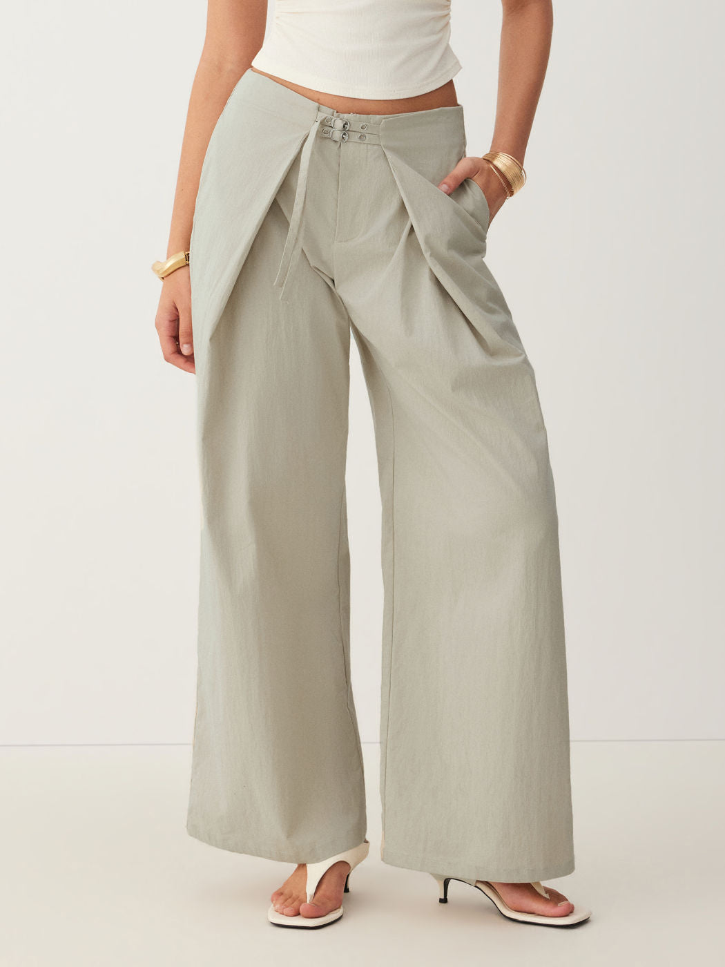 Khaki Wrap‑Waist Buckle Detail Wide‑Leg Long Trousers