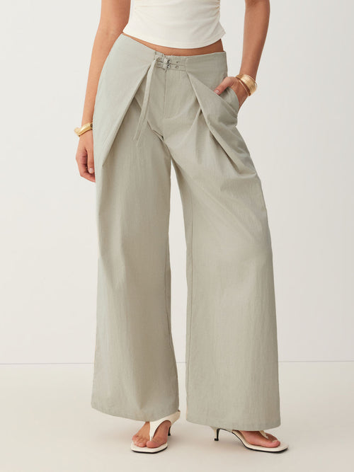 Khaki Wrap‑Waist Buckle Detail Wide‑Leg Long Trousers