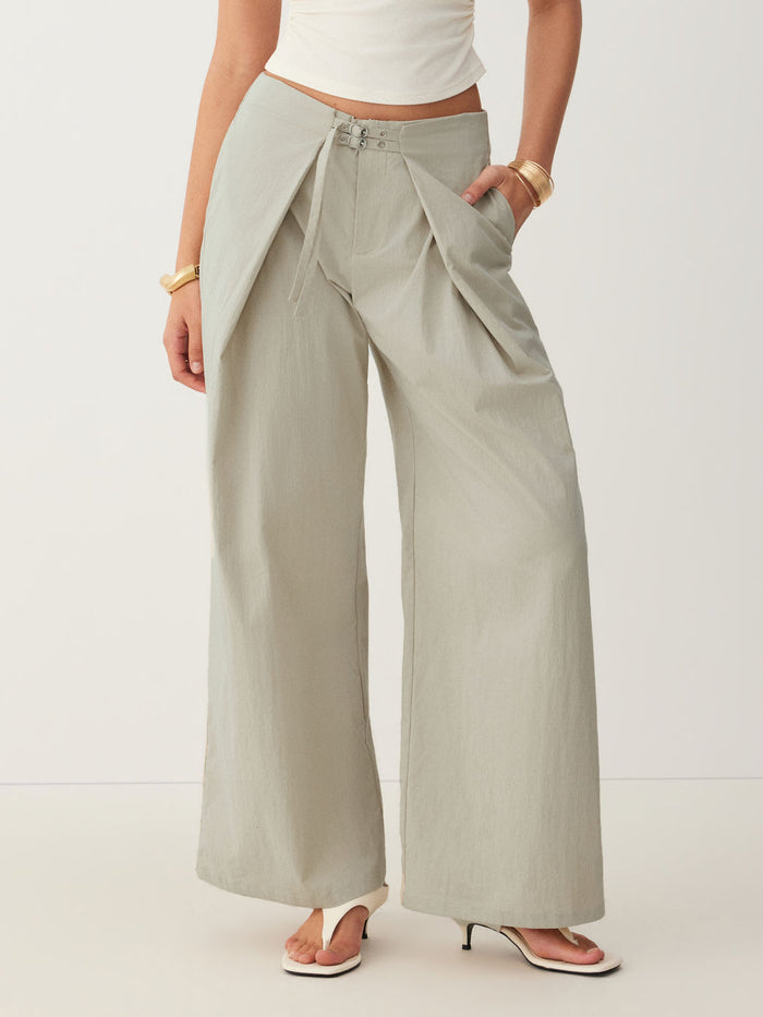 Khaki Wrap‑Waist Buckle Detail Wide‑Leg Long Trousers