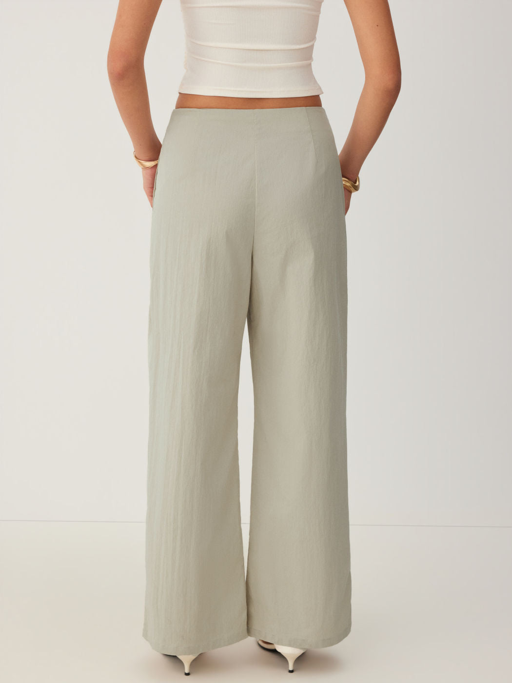 Khaki Wrap‑Waist Buckle Detail Wide‑Leg Long Trousers