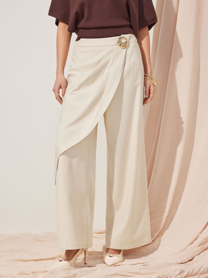 Beige Linen‑Blend Asymmetrical Wrap Wide‑Leg Trousers