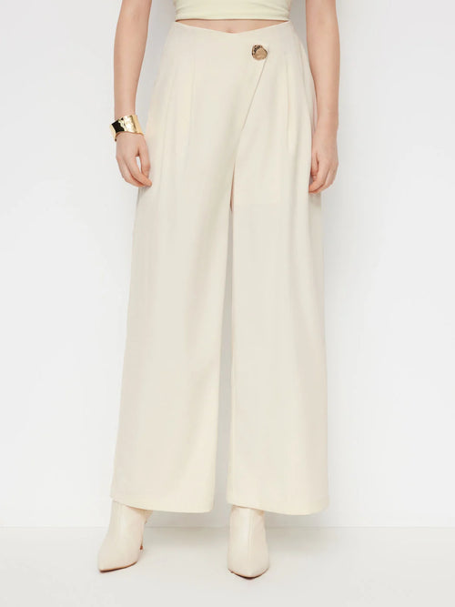 Beige High‑Rise Metal‑Button Pleated Wide‑Leg Trousers