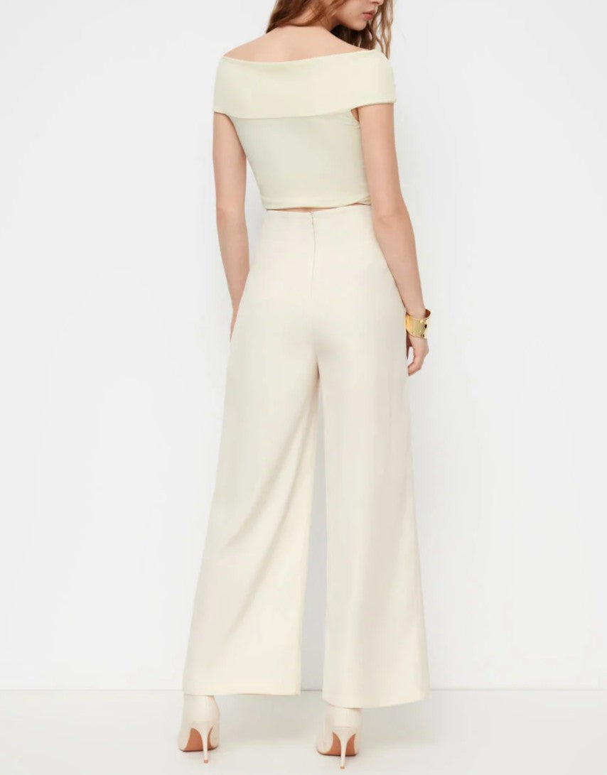 Beige High‑Rise Metal‑Button Pleated Wide‑Leg Trousers